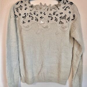 En Creme Light Gray Sweater with Lace Detail